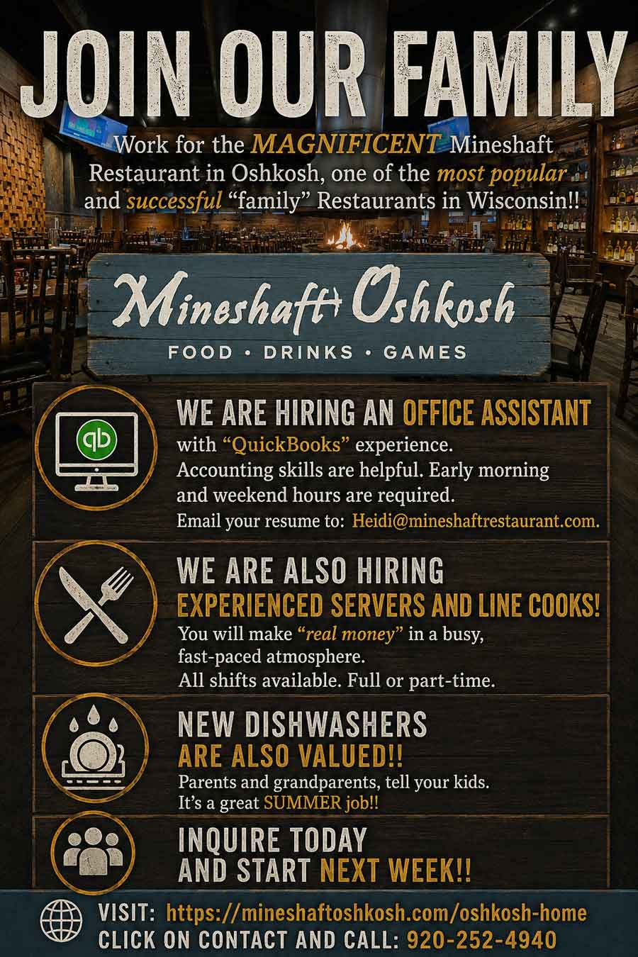 Mineshaft Oshkosh now hiring, apply online today